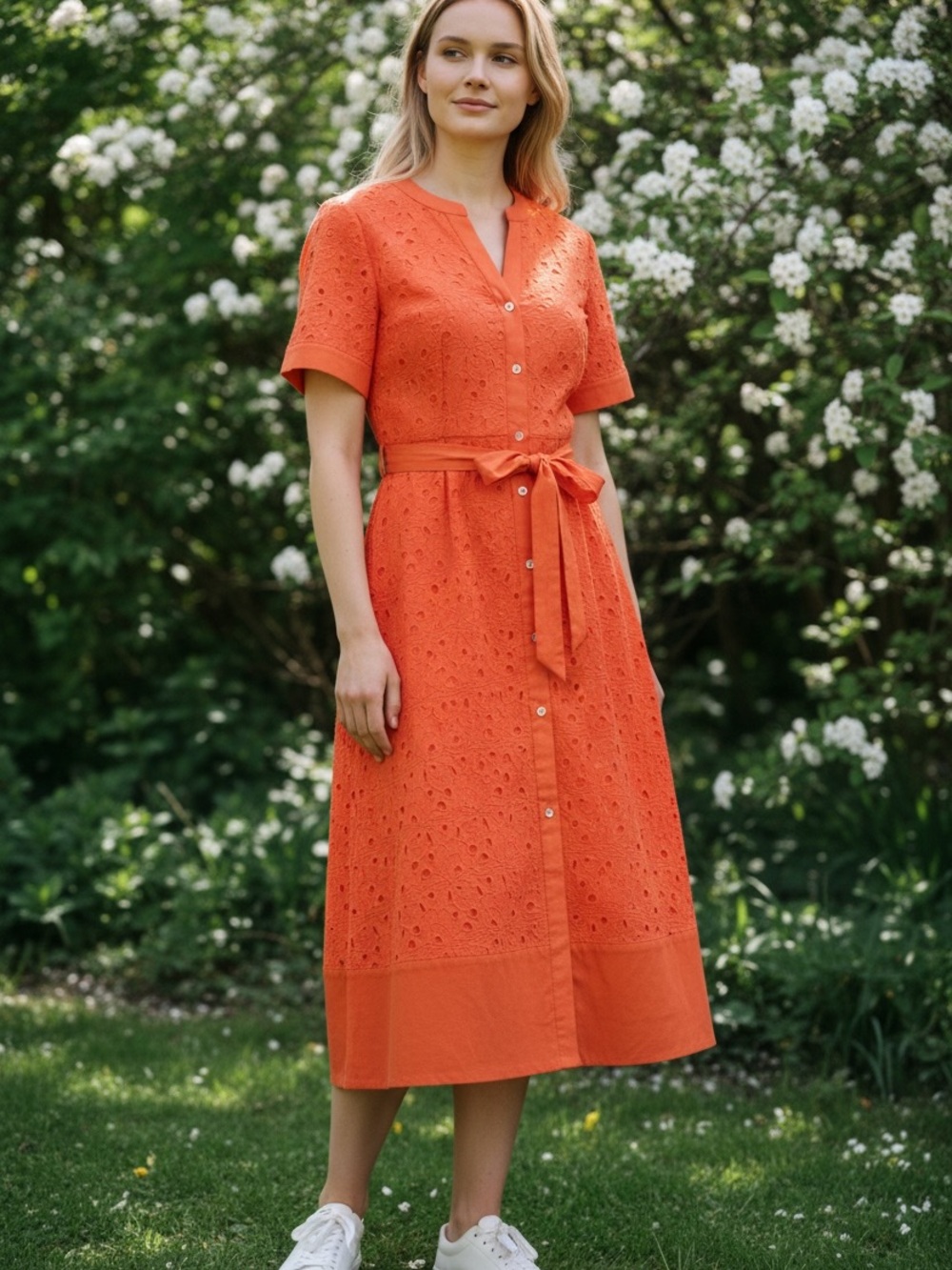 Karl Lagerfeld Orange Eyelet Midi Shirt Dress with Tie Belt